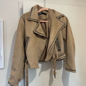 Tan Suede Embellished Moto Style Jacket